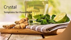  Presentation with healthy drink - Slide deck enhanced with healthy detox drink with ginger on wooden boards glass with green tea and mint mint ginger drink number two hundred seventy with slice lime and napkin country life outdoor light background background and a yellow colored foreground