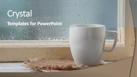  Presentation with hot and cold coffee cup - PPT theme with napkin on windowsill on rain background and a gray colored foreground