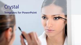  Presentation with eye - Theme having narcissism - brunette applying eye make-up background and a sky blue colored foreground