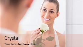  Presentation with happy smiling woman dental health - Audience pleasing theme consisting of narcissistic person - happily smiling woman holding backdrop and a lemonade colored foreground