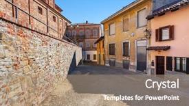  Presentation with wall street - Slide set having narrow cobblestone street between brick wall and typical italian house in town of la morra in piedmont northern italy background and a coral colored foreground