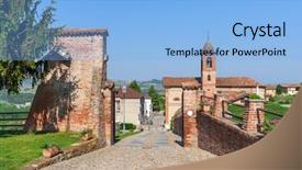  Presentation with church blue - Slide set featuring narrow cobblestone walkway among brick walls as small church on background under blue sky in piedmont northern italy background and a light blue colored foreground