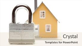  Presentation with white house - Slides enhanced with narrow dof - lock and house isolated background and a  colored foreground