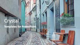  Presentation with medieval - Theme consisting of narrow medieval street in old city of riga latvia in 2014 riga is the european capital of culture background and a seafoam green colored foreground