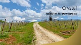  Presentation with rural road - Cool new slide deck with narrow rural road between vineyards leads towards water tower under blue sky with white cumulus clouds in piedmont northern italy backdrop and a light blue colored foreground