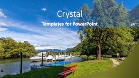  Presentation with green lake - Amazing presentation having narrow-trail-red-bench backdrop and a teal colored foreground