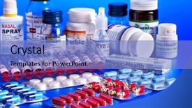  Presentation with pills - Colorful presentation theme enhanced with pharmacy supply - group blister pack of pills backdrop and a light blue colored foreground