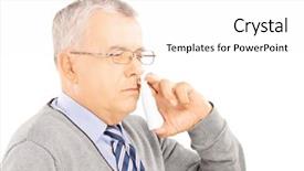  Presentation with nose - Amazing slide set having nasal spray - mature man spraying nose drops backdrop and a white colored foreground