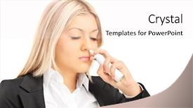  Presentation with nose - Slide set consisting of nasal spray - young blond female spraying drops background and a white colored foreground