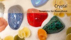  Presentation with stones and sand - Theme enhanced with plastic colorful ball in the sand for on the beach background and a coral colored foreground