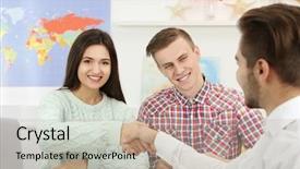  Presentation with young happy couple - Cool new presentation theme with agent and young couple handshaking backdrop and a  colored foreground