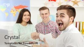  Presentation with young happy couple - Audience pleasing PPT layouts consisting of agent and young couple handshaking backdrop and a  colored foreground