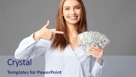  Presentation with floating dollar bills - Theme featuring national income - beautiful young woman with dollar background and a  colored foreground