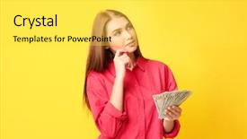  Presentation with floating dollar bills - Cool new presentation theme with national income - beautiful young woman with dollar backdrop and a  colored foreground