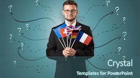  Presentation with flag - Cool new presentation design with unification - smiling young man standing backdrop and a ocean colored foreground