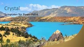  Presentation with green lake - Beautiful theme featuring national park chile - torres del paine azure water of lake pehoe of green and yellow hilly coast backdrop and a light blue colored foreground