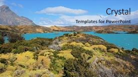 Presentation with green lake - Slide deck having national park chile - torres del paine azure water of lake pehoe between green and yellow hilly coast background and a light blue colored foreground