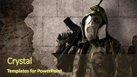  Presentation with new client interview wearing mask - PPT theme featuring national security terrorism - armed soldier with gas mask background and a  colored foreground