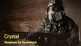  Presentation with new client interview wearing mask - Colorful presentation theme enhanced with national security terrorism - armed soldier with gas mask backdrop and a tawny brown colored foreground