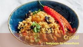  Presentation with meat - Presentation theme with national-uzbek-pilaf-with-meat background and a red colored foreground