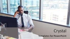  Presentation with phone - Presentation design featuring native design - businessman making phone call sitting background and a  colored foreground