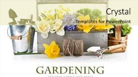  Presentation with garden tools - Slide deck having native instruments - spring flowers in wooden basket background and a blonde colored foreground