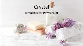  Presentation with natural soap - Amazing presentation design having natural bath salt soap cotton towels and lilac flowers symbolic image backdrop and a white colored foreground