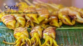  Presentation with grilled - PPT theme featuring natural calamaties - grilled calamari squid background and a gold colored foreground