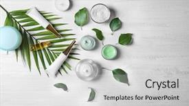  Presentation with natural cosmetic - PPT theme having natural cosmetics and leaves background and a light gray colored foreground
