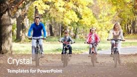  Presentation with family infographic - Audience pleasing PPT layouts consisting of nature cycles - family on bikes backdrop and a coral colored foreground