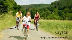  Presentation with family day - Presentation theme having nature cycles - family with one child riding background and a soft green colored foreground