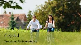  Presentation with young happy couple - Slide deck consisting of cycling in summer in nature background and a gold colored foreground