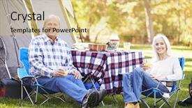  Presentation with senior couple - Cool new slide deck with natural drinks - senior couple enjoying camping holiday backdrop and a yellow colored foreground