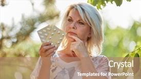  Presentation with drug - Presentation design featuring natural drug - old woman with medicine background and a coral colored foreground