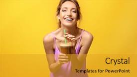  Presentation with smoothie - Theme consisting of natural food colours - beautiful young woman with fresh background and a gold colored foreground