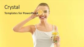  Presentation with aluminium glass - Slides featuring natural food colours - beautiful young woman with glass background and a yellow colored foreground