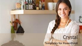 Presentation with desk - Audience pleasing PPT theme consisting of natural food colours - young woman standing near desk backdrop and a coral colored foreground