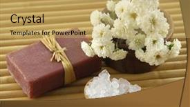  Presentation with bamboo flower - Presentation theme with natural handmade soap and flower with salt in wooden bowl on bamboo mat background and a yellow colored foreground