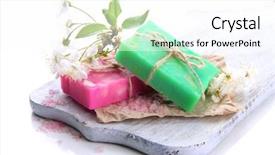  Presentation with natural soap - Audience pleasing presentation design consisting of natural handmade soap on wooden desk isolated on white backdrop and a white colored foreground