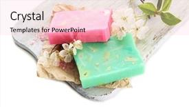  Presentation with natural soap - Amazing presentation theme having natural handmade soap on wooden desk isolated on white backdrop and a lemonade colored foreground