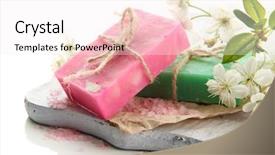  Presentation with natural soap - Colorful presentation theme enhanced with natural handmade soap on wooden desk isolated on white backdrop and a sky blue colored foreground