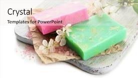  Presentation with natural soap - Colorful presentation enhanced with natural handmade soap on wooden desk isolated on white backdrop and a sky blue colored foreground