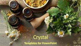  Presentation with mortar - Presentation featuring natural medicina - herbs berries and flowers background and a tawny brown colored foreground