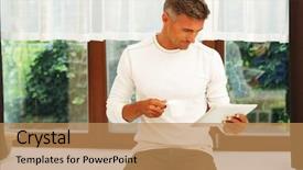  Presentation with new home sales - Beautiful slide deck featuring natural morning - happy young man at home backdrop and a coral colored foreground