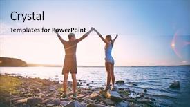  Presentation with photo of armed men - Cool new slide deck with natural morning - photo of young sporty couple backdrop and a light blue colored foreground