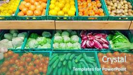  Presentation with fresh fruits and vegetables - Presentation featuring natural products - fruits and vegetables background and a ocean colored foreground