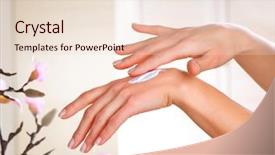  Presentation with natural skincare - PPT layouts having natural products - healthy hands female applying moisturizer background and a lemonade colored foreground
