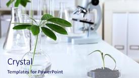  Presentation with green science - Beautiful presentation design featuring natural science - green plants and scientific equipment backdrop and a sky blue colored foreground