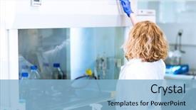  Presentation with research - Presentation theme with natural science - portrait of a female researcher background and a light blue colored foreground