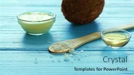  Presentation with natural ingredients - PPT layouts enhanced with natural scrub ingredients on blue wooden background background and a light blue colored foreground